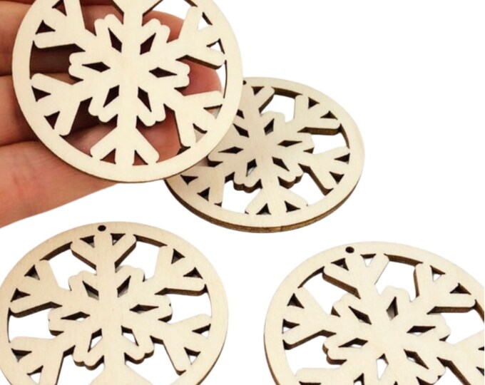 ALL SIZES BULK (12pc to 100pc) Unfinished Wood Laser Cutout Snowflake in Hoop Hoops Earring Jewelry Blanks Ornaments Crafts Made in Texas