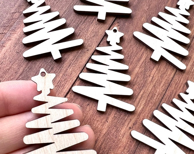 Unfinished Wood Blanks Cutout Squiggle Zig Zag Modern Christmas Tree with Star Earrings Jewelry  Made in Texas