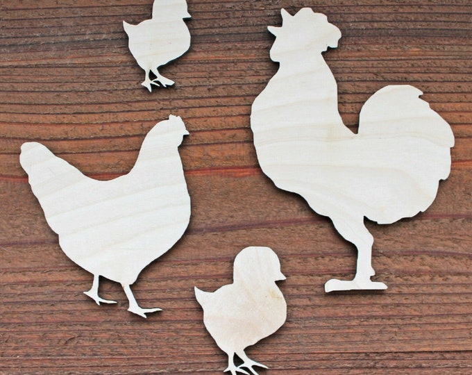 Set of 4 Rooster 3mm thick Hen Chicks Unfinished Wood Laser Cut Out Crafts Farmhouse Sign DIY Ready to Paint or Stain