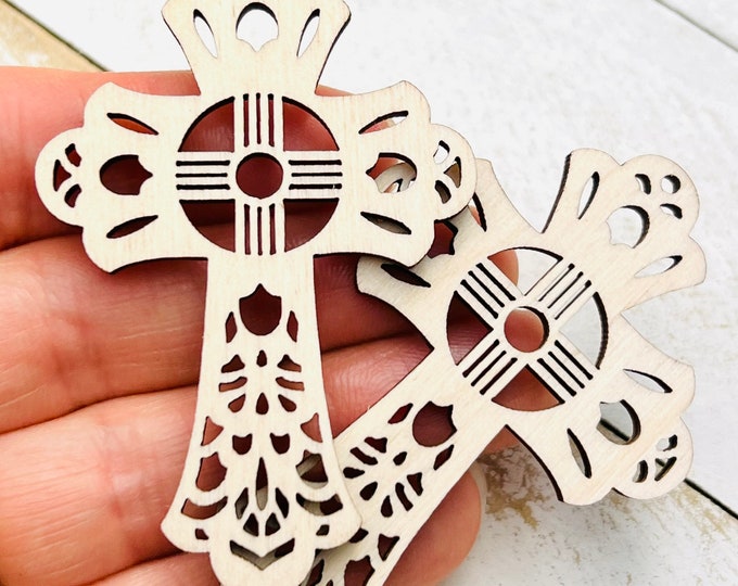12pc to 24pc Unfinished Wood Zia New Mexico Sun Symbol Cross Hanging Charm Ornament Earrings Jewelry Blanks Shape Crafts Made in Texas