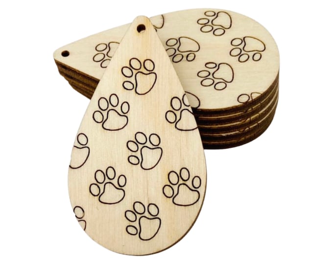 ALL SIZES BULK (12pc to 100pc) Unfinished Wood Cutout Paw Prints Dog Puppy Teardrop Tear Drop Earrings Jewelry Charms Made in Texas