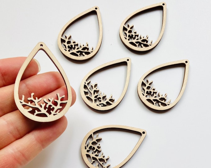BULK (12pc to 100pc) Unfinished Wood Open Teardrop w/Coral Flower Cutout Dangle Earrings Jewelry Blanks Shape Crafts Texas Made