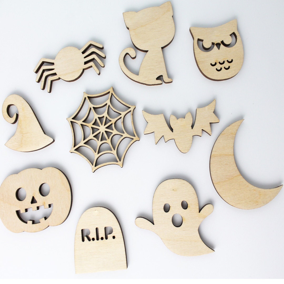 SET OF 10 Halloween Unfinished Wood Laser Cutout Shapes Crafts Etsy