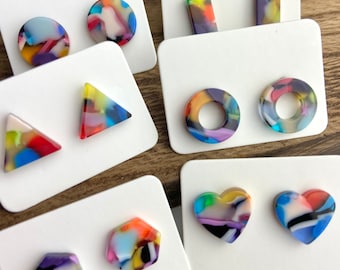 6 Pairs 12mm Rainbow Mix Acrylic Resin Stud Post Minimalist Geometric Earrings Rectangle Bar-Triangle-Open Circle-Hexagon-Heart-Round