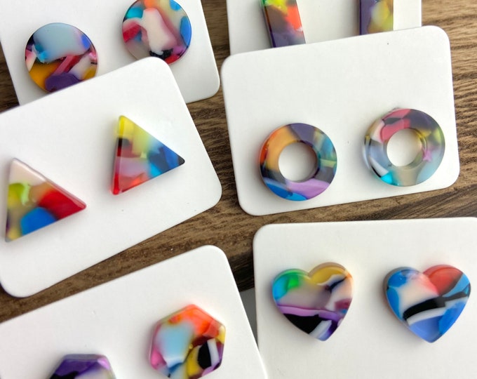 6 Pairs 12mm Rainbow Mix Acrylic Resin Stud Post Minimalist Geometric Earrings Rectangle Bar-Triangle-Open Circle-Hexagon-Heart-Round