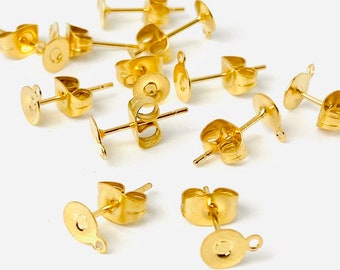 12 Gold Stainless Steel 5mm Flat Pad Stud Post Earrings & Backs with Front Connector Loop Loops Hole Earring Jewelry