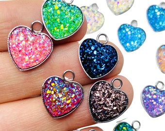 Grab Bag 24 Stainless Steel Imitation Druzy Heart Charms w/ Connector Hole Earrings Earring Bracelet Findings Jewelry Making