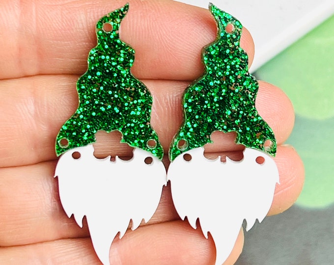 Green Glitter Shamrock Gnome Acrylic Earring Blanks, DIY St. Patrick's Day Earrings