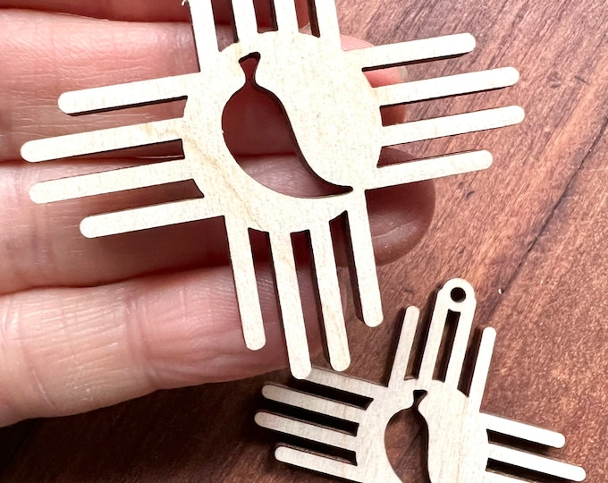 12pc to 24pc Unfinished Wood Zia Chili Pepper New Mexico Sun Symbol Earrings Cutout Hanging Charm Jewelry Blanks Shape Crafts Made in Texas