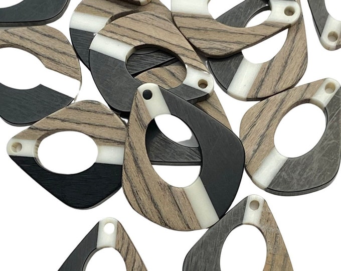 Clearance 10 Pieces 32mm Black & White Acrylic Striped w/Wood Teardrop Earring Blanks, Beads