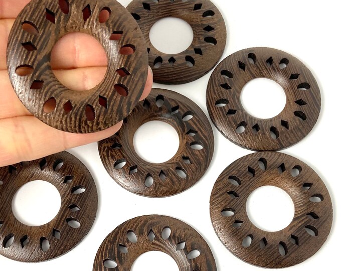 Clearance 12 Pieces/6 Pairs Lightweight Natural Dark Wood 49mm or 1.93” Hoop Hoops w/Cutouts Earring and Jewelry Making Beads