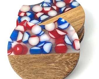 Clearance 20 piece Acrylic & Wood 36mm Round Dot Red White Blue Patriotic Beads w/ Connector Loop Hole Earring Findings Jewelry Making