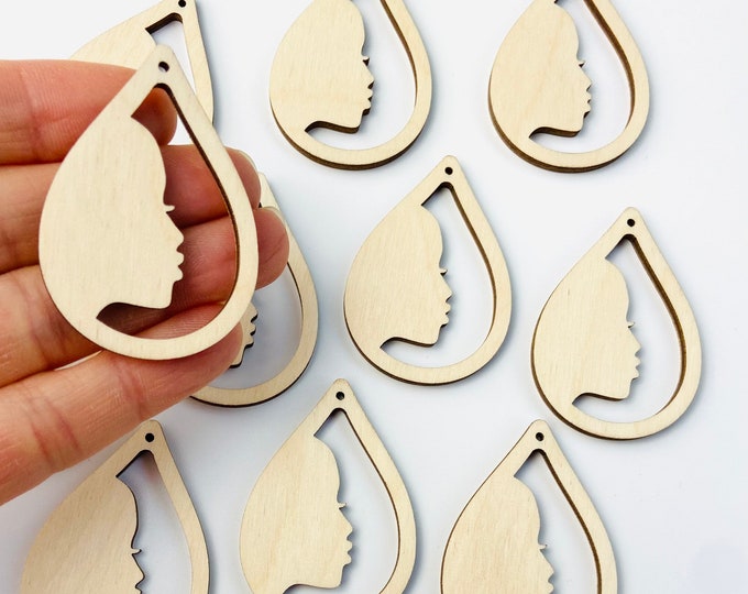 BULK (12pc to 100pc) Unfinished Wood African Woman Women Lash Face Silhouette Teardrop Earrings Jewelry Blanks Ornaments Charms Crafts