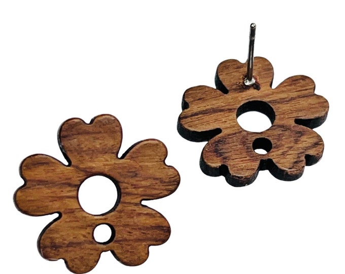 Choose Quantity Walnut Wood Wooden Flower Stud Post Earrings w/ Earring Backs Connector Loop Holes DIY Earrings Findings Jewelry Making