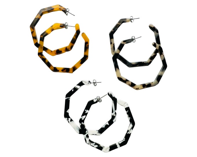 3 Pairs Lightweight 2" Acrylic Octagon Hoop Earrings with Stainless Steel Posts