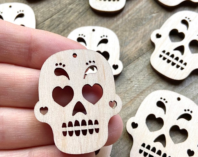 BULK (12pc to 24pc) Unfinished Wood Sugar Skull Skulls with Cutouts Hanging Dangle Earring Ornament Jewelry Blanks Crafts Made in Texas