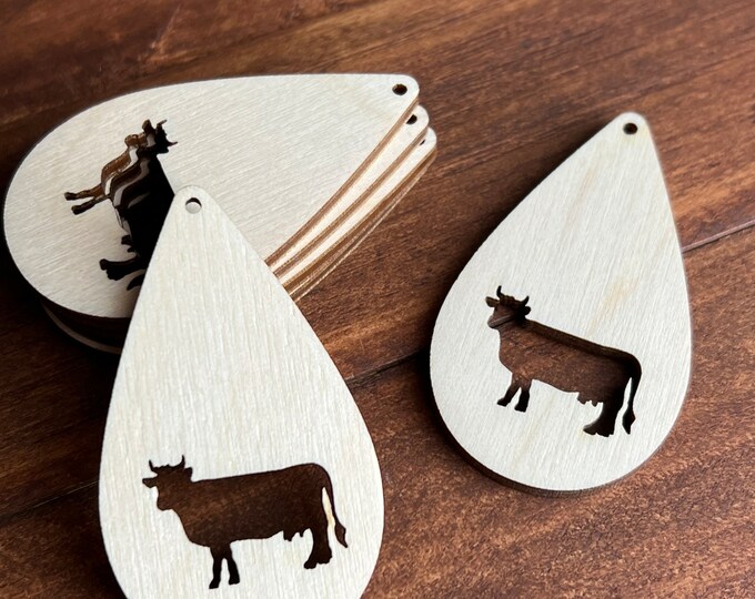 Unfinished Wood Laser Cow Cutout Teardrop Tear Drop Earring Jewelry Blanks Shape Crafts Made in Texas