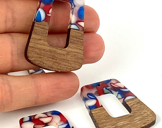 Clearance 10pcs Acrylic & Wood 38mm Rectangle Dot Red White Blue Patriotic Beads w/ Connector Loop Hole Earring Findings Jewelry Making