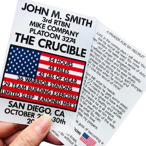 May include: A white card with text, an American flag graphic, and a prayer. The card lists "The Crucible" details: 54 hours, 48 miles, 45 lbs of gear, 36 warrior stations, and 29 team building exercises. The card is dated October 20--30th in San Diego, CA.