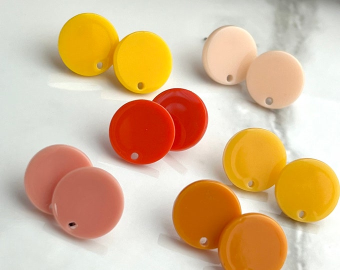 12 Acrylic 14mm Round Circle Stud Post Color Yellow, Orange, Peach Earrings & Backs Connector Loop Hole, Earring Supplies