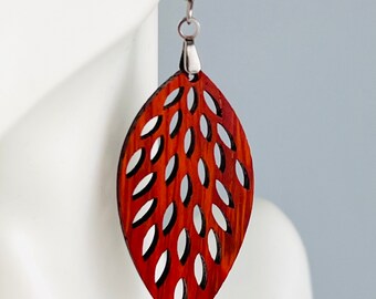 Handmade Pair of Padauk Wood Wooden Leaf Cutout Earrings