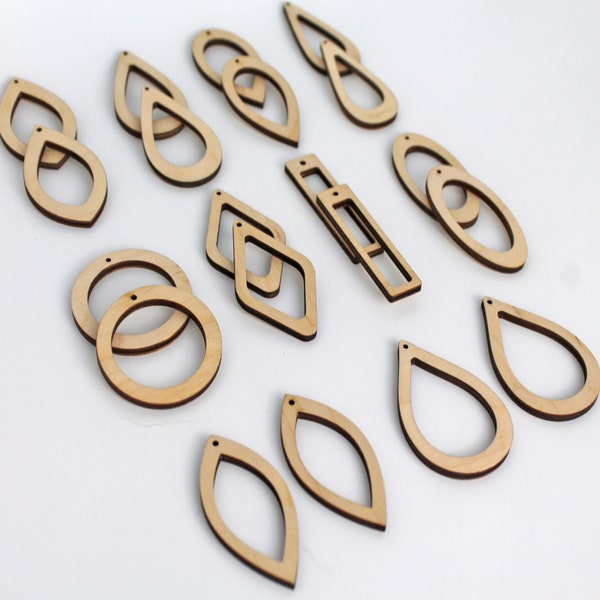 20 Unfinished Wood Laser Cutout Dangle Frames 2" Earring Earrings Jewelry Blanks Shape Crafts Made in Texas 10 Pairs Teardrop,Rectangle,Oval
