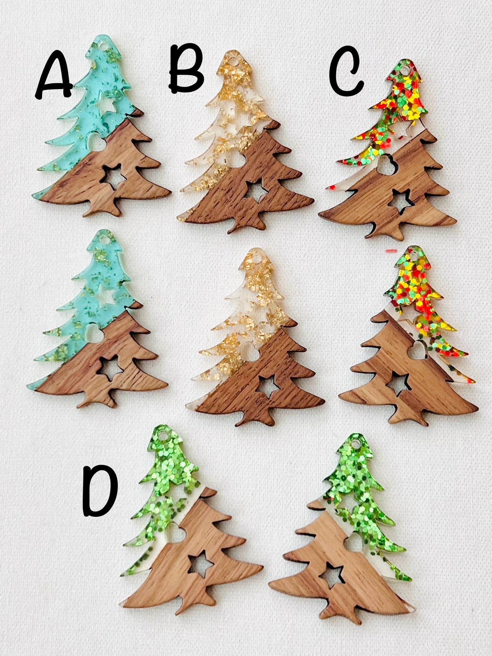 4 Resin & Wood 38mm or 1.5” Christmas Pine Tree Beads Charms with Connector  Loop Hole Earring Findings Jewelry Making Craft