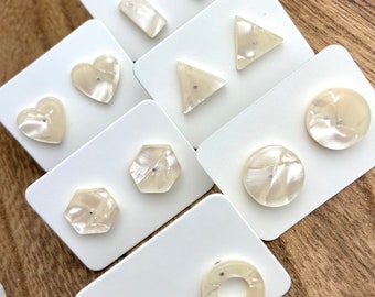 6 Pairs 12mm Off White & Pearl Acrylic Resin Stud Post Minimalist Geometric Earrings Rectangle Bar-Triangle-Open Circle-Hexagon-Heart-Round