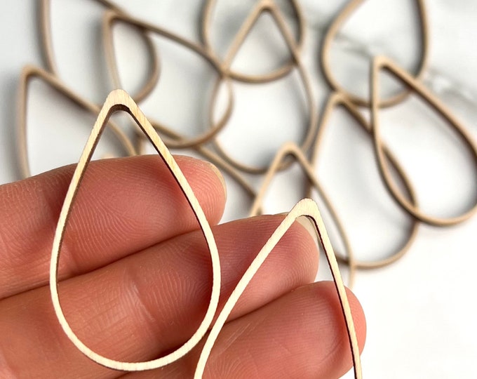 ALL SIZES BULK (12pc to 100pc) Unfinished Wood Laser Cutout Thin Teardrop Frames Dangle Earring Jewelry Blanks Shape Crafts Made in Texas