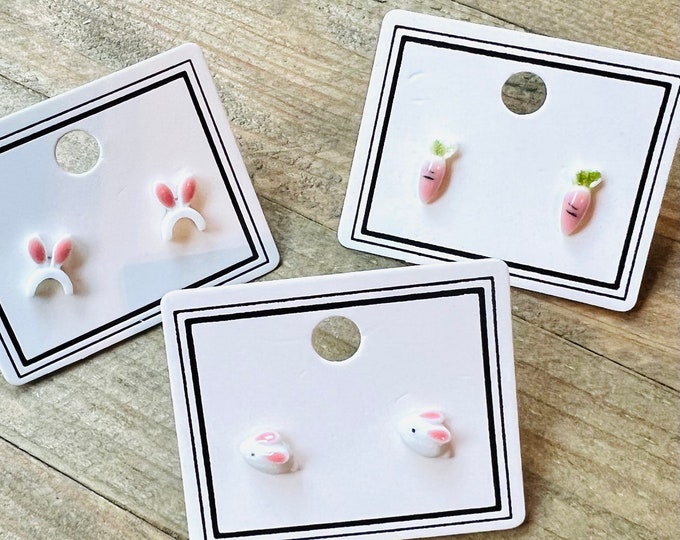 3 Pairs of Tiny Easter Bunny Rabbit Carrot Bunny Ears Stud Earrings with Titanium Posts and Earring Backs