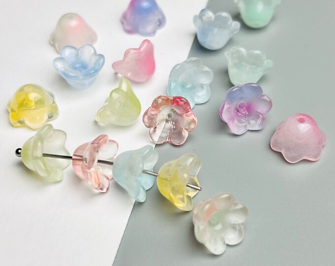 24/48 Pieces Glass Bell Flower Beads 12mm x 7mm  MANY COLORS Gradient Pink, Blue, Green, Purple, Yellow