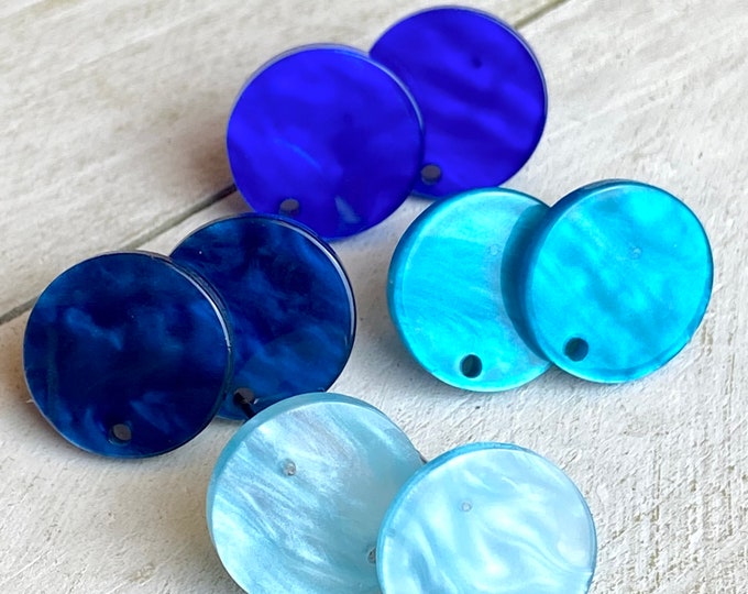 16 Acrylic 14mm Round Circle Stud Post Shades of Blue Earrings w/ Backs Connector Loop Holes Dangle Earring Findings Jewelry Making