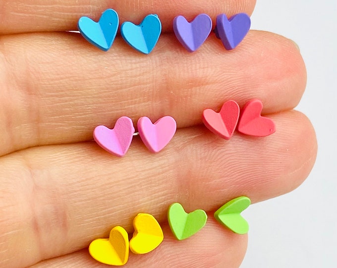 6 Pairs of Multiple Colors Tiny Folded Hearts Heart 6mm Stud Earrings Sterling Silver Post Earring Backs