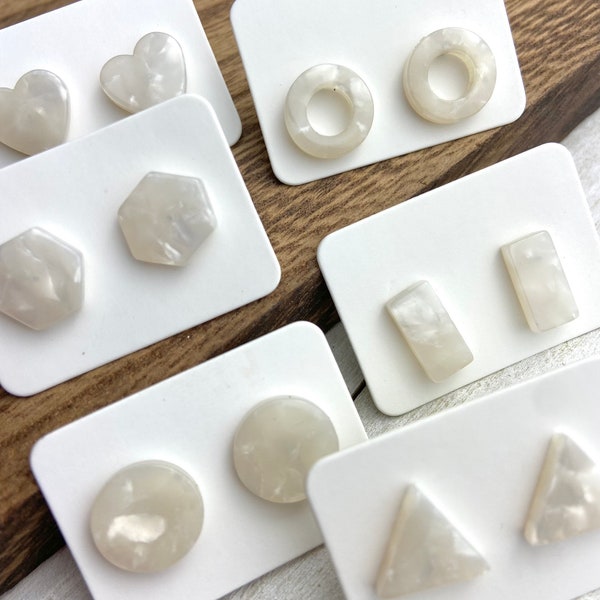 6 Pairs 12mm White Tortoise Acrylic Resin Stud Post Minimalist Geometric Earrings Rectangle Bar-Triangle-Open Circle-Hexagon-Heart-Round