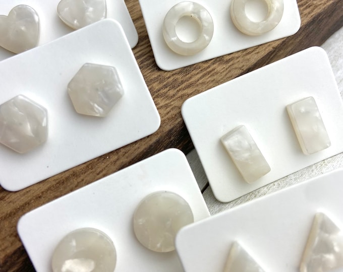 6 Pairs 12mm White Tortoise Acrylic Resin Stud Post Minimalist Geometric Earrings Rectangle Bar-Triangle-Open Circle-Hexagon-Heart-Round
