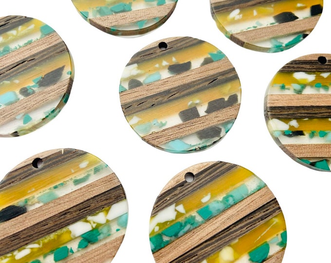 Clearance 10pcs Acrylic & Wood Striped 30mm Round Hoop Beads Charms w/ Connector Loop Holes Earring Making