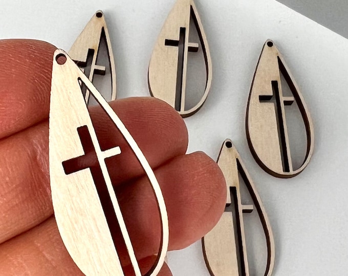 ALL SIZES BULK (12pc to 24pc) Unfinished Wood Laser Cutout Teardrop Cross Cutout Earrings Jewelry Blanks Painting Crafts Made in Texas