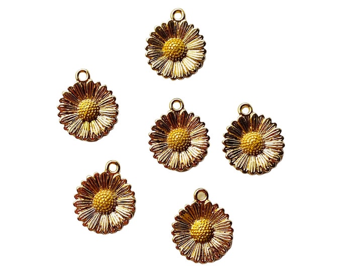 10 Pieces 18K Gold Plated Brass 12mm Daisy Sunflower Flower Charms Pendant Bracelet, Necklace, Earrings, Keychain Charm