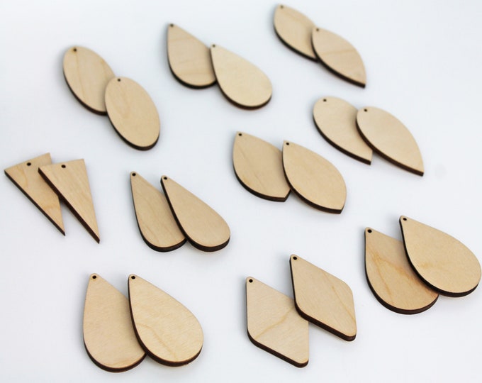 20 Unfinished Wood Laser Cutout 1.5" Earring Earrings Jewelry Solid Blanks Shape Crafts Made in Texas 10 Pairs Teardrop,Diamond,Triangle
