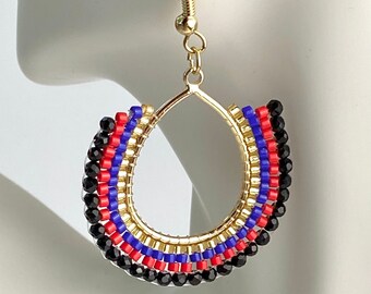 2”  Boho Style Black, Red, Blue & Gold Glass Bead Beaded Gold Plated Stainless Steel Hoop Hoops Earrings