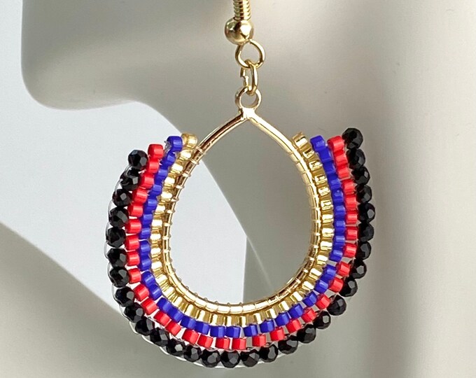 2”  Boho Style Black, Red, Blue & Gold Glass Bead Beaded Gold Plated Stainless Steel Hoop Hoops Earrings
