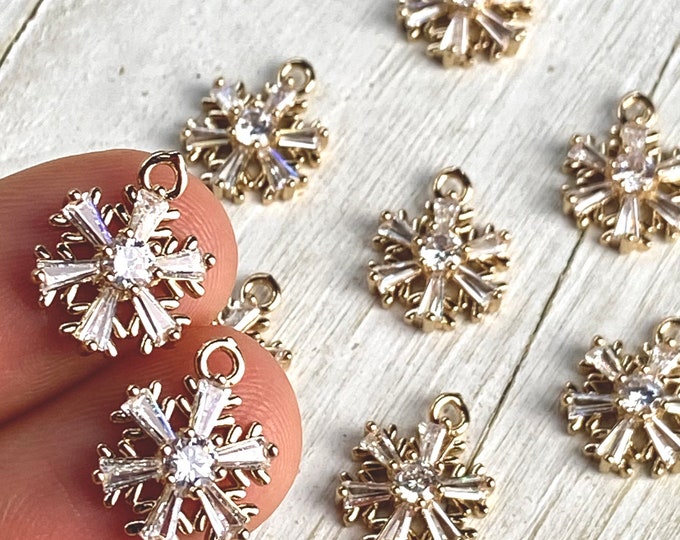 Clearance Set of 2 Gold Plated Brass Cubic Zirconia 14mmx11mm Flower Snowflake Pendant Earring Charms