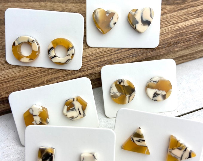 6 Pairs 12mm Yellow Cream Mix Acrylic Resin Stud Post Minimalist Geometric Earrings Rectangle Bar-Triangle-Open Circle-Hexagon-Heart-Round