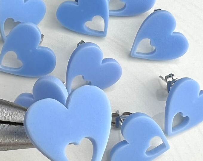 12 Acrylic 16mm Light Blue Heart Stud Post Earrings w/ Backs Heart Connector Loop Holes Dangle Earring Findings Jewelry Making