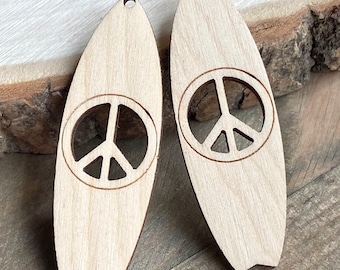 ALL SIZES BULK (12pc to 100pc) Unfinished Wood Laser Cutout Peace Sign Surfboard Surf Board Earring Jewelry Blanks Charms Crafts Texas Made