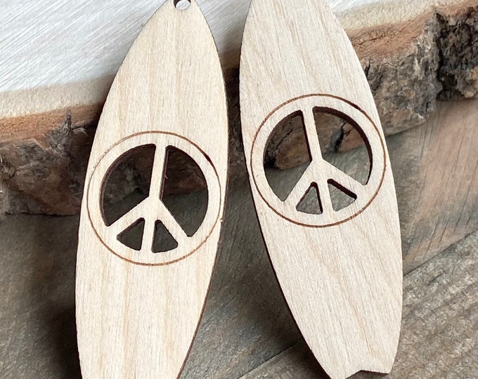 ALL SIZES BULK (12pc to 100pc) Unfinished Wood Laser Cutout Peace Sign Surfboard Surf Board Earring Jewelry Blanks Charms Crafts Texas Made