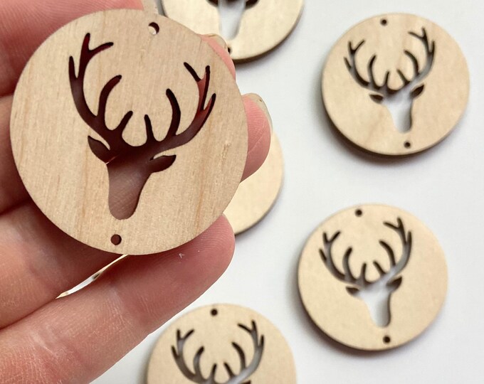 ALL SIZES BULK (12pc to 100pc) Unfinished Wood Laser Cutout Deer Buck Head Round Hoop Earrings Jewelry Blanks Ornaments Made in Texas