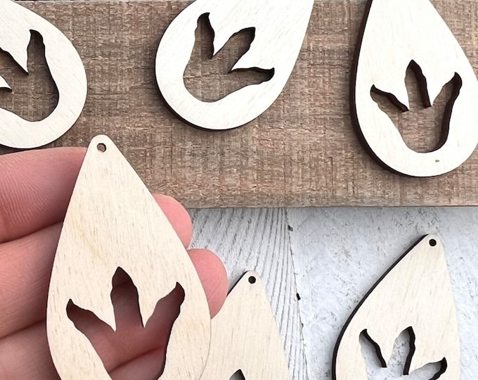 BULK (12pc to 48pc) Unfinished Wood Dinosaur Feet Foot Prints Cutout Dangle Earring Jewelry Blanks Charms Shape Crafts Made in Texas