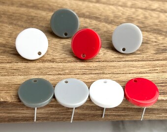 12 Acrylic 14mm Round Circle Stud Post Red, White, Gray Earrings & Backs Connector Loop Hole Dangle Style Earring Findings Jewelry Making
