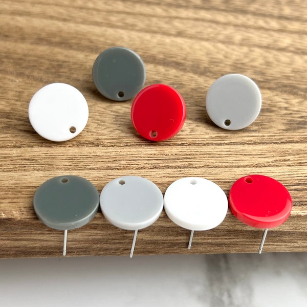 12 Acrylic 14mm Round Circle Stud Post Red, White, Gray Earrings & Backs Connector Loop Hole Dangle Style Earring Findings Jewelry Making